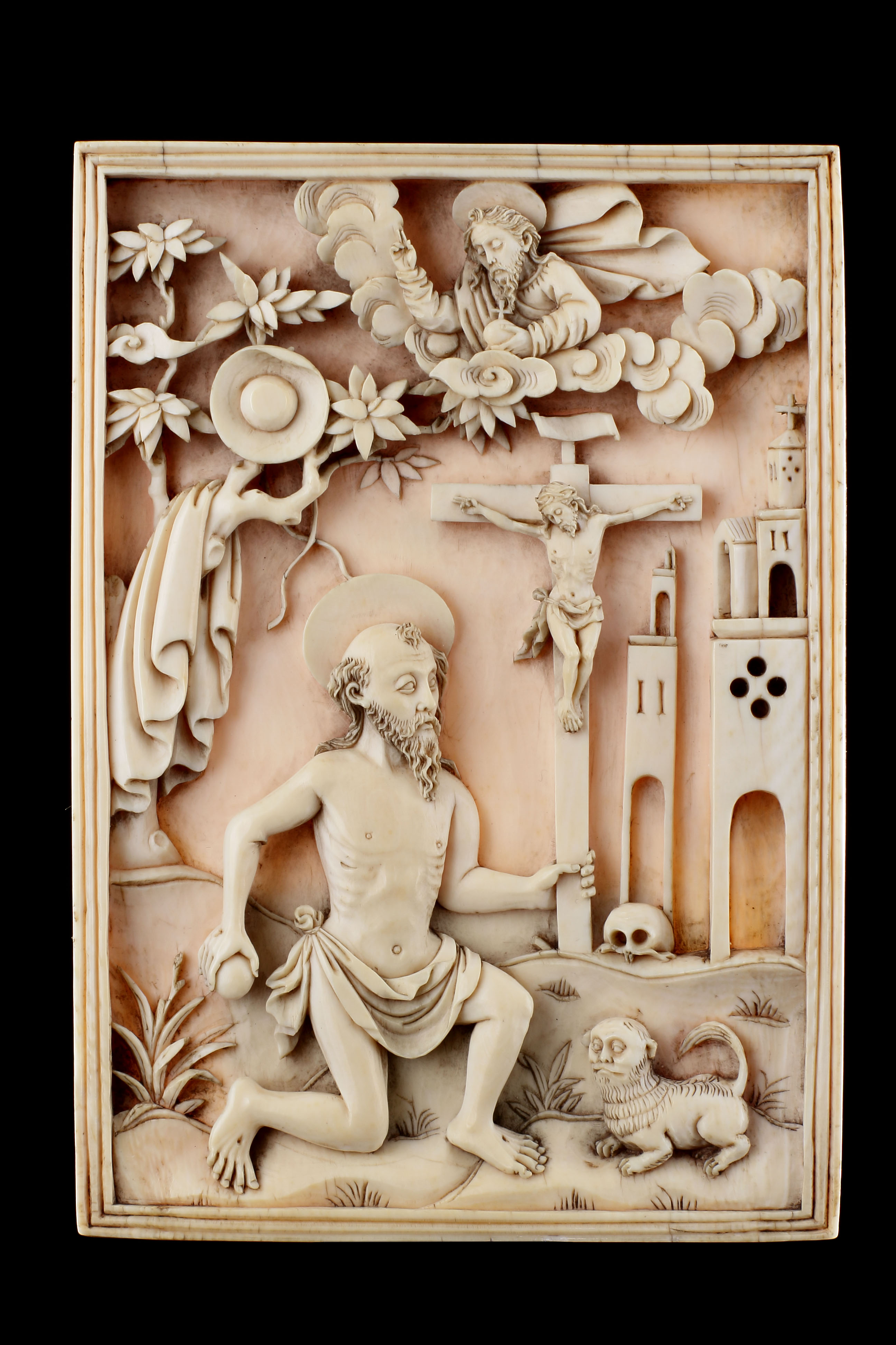 Portuguese Macao Carved Ivory Devotional Plaque Depicting St Jerome Kneeling Before Christ